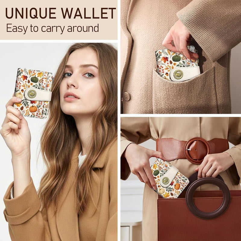 Kelvoris Pumpkin Fall Leaves Mushroom Halloween Small Rfid Women Travel Wallet Bifold Zipper Coin Pocket PU Leather Compact Cash Credit Card Holder Female Ladies Teen Girls 1 ID Window 10 Card Slots - Image 2